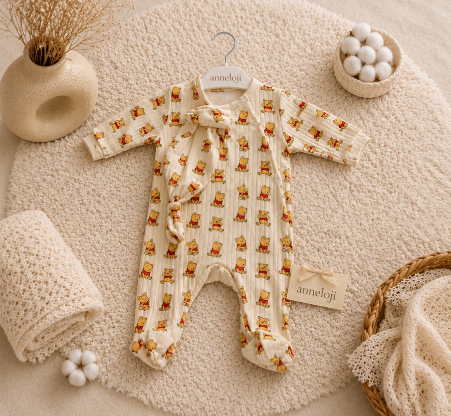 Anneloji Winnie the Pooh Desenli Bebek Tulumu – %100 Pamuk, Çıtçıt Detaylı